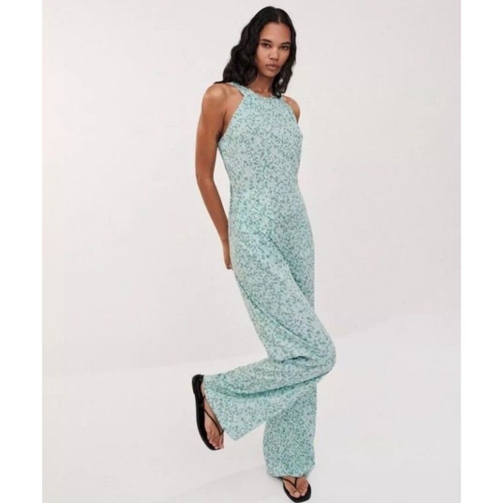 ZARA Sleeveless OVERALL LINEN BLEND FLORAL BLUMEN GREEN JUMPSUIT SMALL